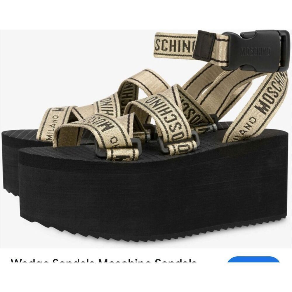 Moschino Logo Tape multi-strap sandals in black and gold - Picture 9 of 12
